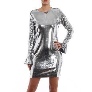 Michael Kors Silver Sequins Mini Dress with Bell Sleeves